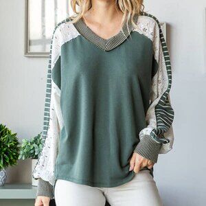 NEW! 7th Ray Top Women’s Olive Color Block V-Neck Knit Top with Lace Contrast